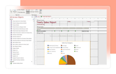 資料庫應用程式中報表版面配置頁的螢幕擷取畫面，顯示了標題為「年度銷售報表」的章節 