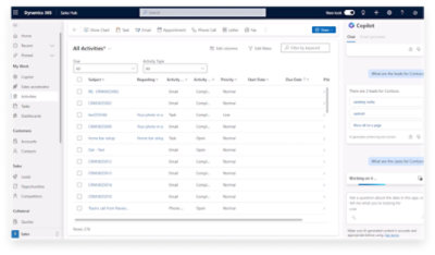 Dynamics 365 Sales Hub tilbyder forskellige funktioner, herunder Home, Search, Chart Task, Email, Appointment, Letter Fax, Copilot