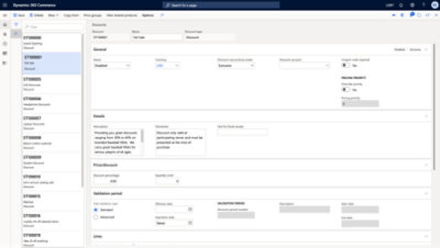 Περιβάλλον εργασίας του Dynamics 365 Commerce το οποίο εμφανίζει ομάδες τιμών, κοινόχρηστα προϊόντα, εκπτώσεις και περίοδο επικύρωσης για προωθητικές ενέργειες