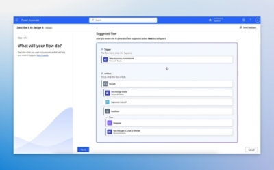 Power Automate-vindue, der viser trin til at designe et flow