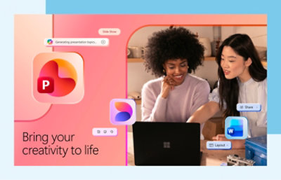 Zwei Frauen lächeln, während sie an einem Laptop arbeiten, umgeben von lebendigen App-Symbolen und Pop-ups. Der Text lautet: „Erwecken Sie Ihre Kreativität zum Leben.“