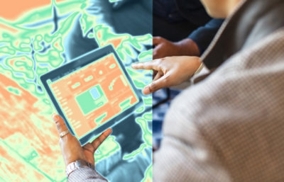 Zbliżenie na dłoń osoby wskazującej na tablet.