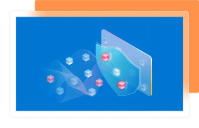 Uma tela de computador exibindo um ícone de escudo e cubos brancos e vermelhos em um plano de fundo azul.