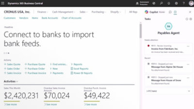 Zrzut ekranu pulpitu Microsoft Dynamics 365 Business Central pokazujący metryki sprzedaży, dane faktur i powiadomienia o zadaniach.