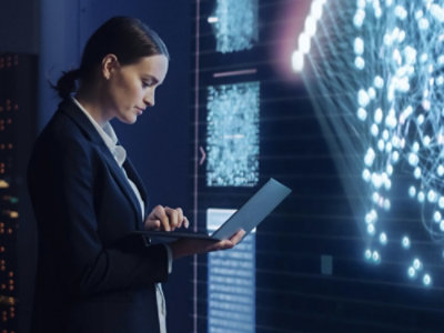 Person som skriver på bärbar dator framför digital bildskärm med ljusa noder.