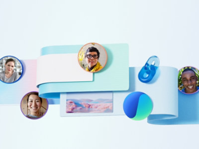 A digital collage features five diverse people in circular frames on a wavy, pastel ribbon.