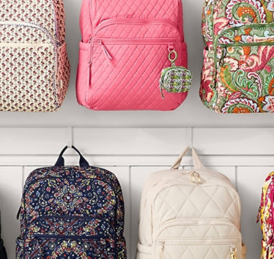 A variety of backpacks in different colors and styles are neatly arranged on a shelf.
