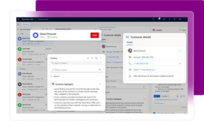 CRM interface with pop-up windows showing high-priority case review and customer details, alongside a list of tasks and color-coded status icons.