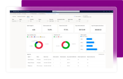 Dashboard interface displaying pie charts, bar graphs, and a data table with filters for date, region, and product, set against a white-to-purple gradient background.