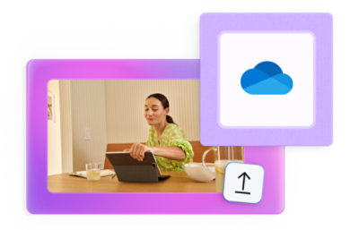 Eine Person sitzt an einem Tisch und arbeitet an einem Tablet, neben dem ein Glas und Orangensaft stehen. Die Szene ist von einem digitalen Rahmen umgeben.