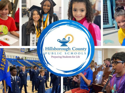 Kolaż przedstawiający uczniów szkół Hillsborough County Public Schools w trakcie różnych zajęć, między innymi rysujące dziecko, absolwentki w togach i biretach, małe dzieci z plecakami, orkiestrę marszową i uczniów grających na instrumentach.