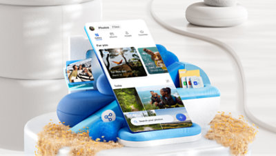 Primer plano de una carpeta blanca y azul con el texto Fotos, Galería, Álbumes, Explorar y Activar.