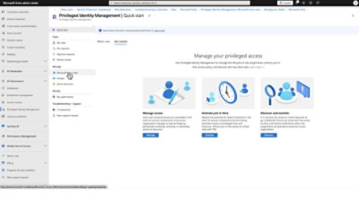 A screenshot displaying a computer interface with text that includes Manage your privileged access.