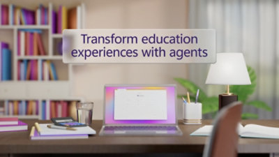 Un ordinateur portable sur un bureau affichant le texte Transformez les expériences éducatives avec des assistants.