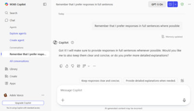 AI chat interface showing a conversation. The user requests full sentence responses. The AI acknowledges, offering to make them clear or detailed.