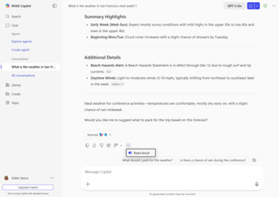  Digital assistant shows San Francisco forecast: sunny early week, clouds and possible showers later, Beach Hazards Alert, light winds, ideal for conferences.