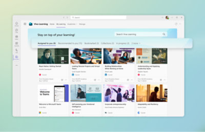 Panel de Viva Learning con títulos de cursos, duraciones, elementos asignados, recomendaciones y marcadores