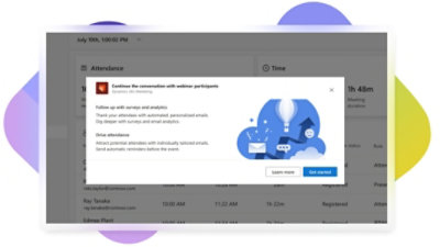 Un elemento emergente que le pide al usuario que continúe la conversación con los participantes de un seminario web