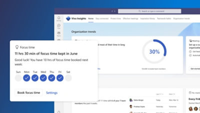 An overlay in Viva Insights showing the process for a user to book Focus Time. 