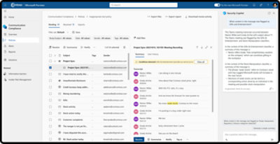"Microsoft Purview: Overholdelse, politikker, underretninger, rapporter. Teams-møde markeret med flag til undersøgelse.