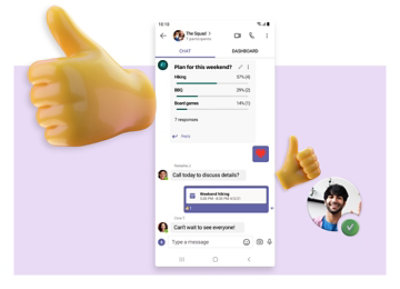 Sonda w zespołach i rozmowa organizowana na czacie w usłudze Teams, aby pomóc w zaplanowaniu weekendu.