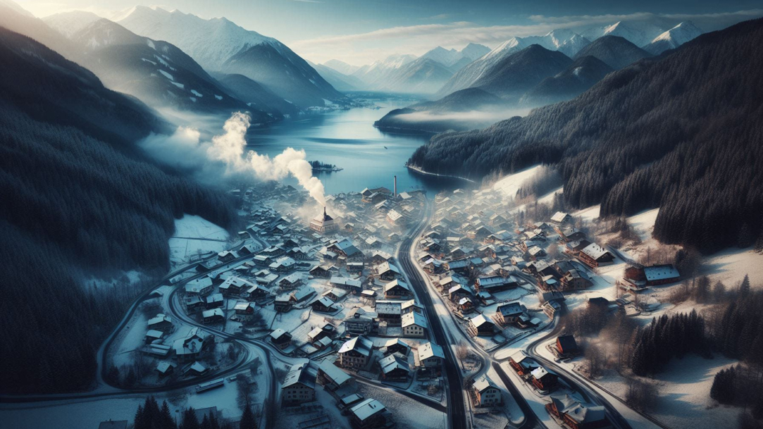 A birds-eye view of a snowy mountain community