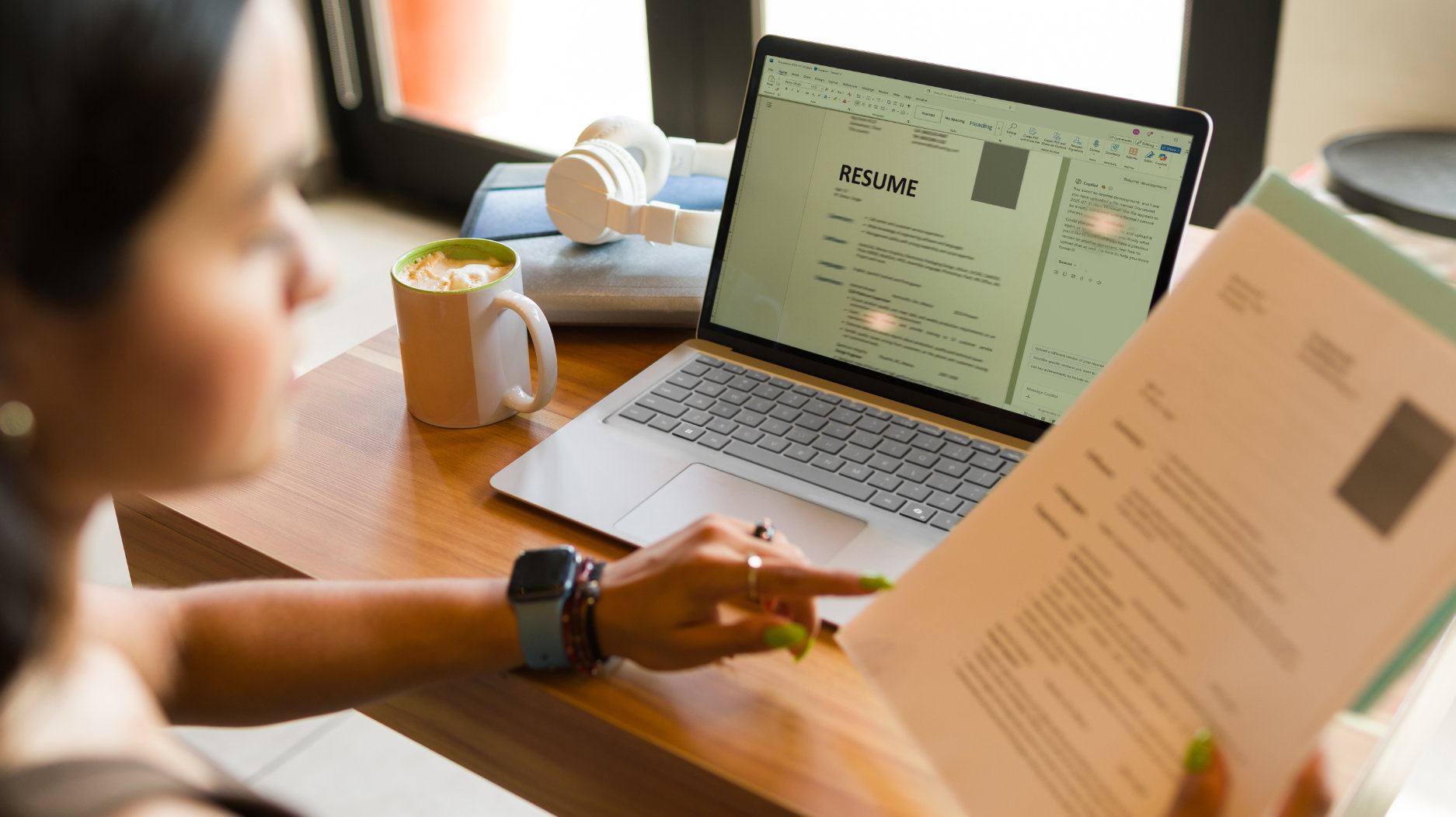 A woman revising her resume with Copilot in MS Word