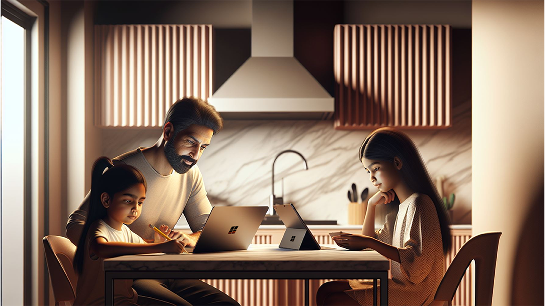 An image of an adult male, a female child, and a female teenager at a kitchen table using a Surface Laptop, 7ᵗʰ Edition and a Surface Pro, 11ᵗʰ Edition