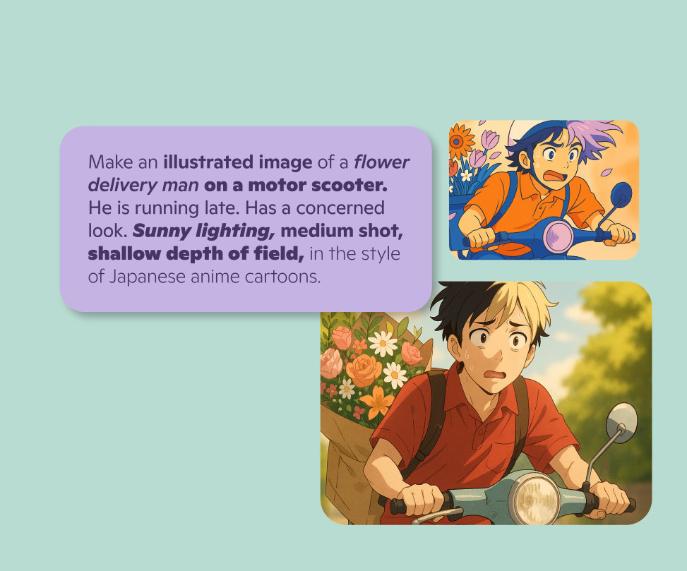 Being creative and imaginative with young man on motor scooter in different Anime styles