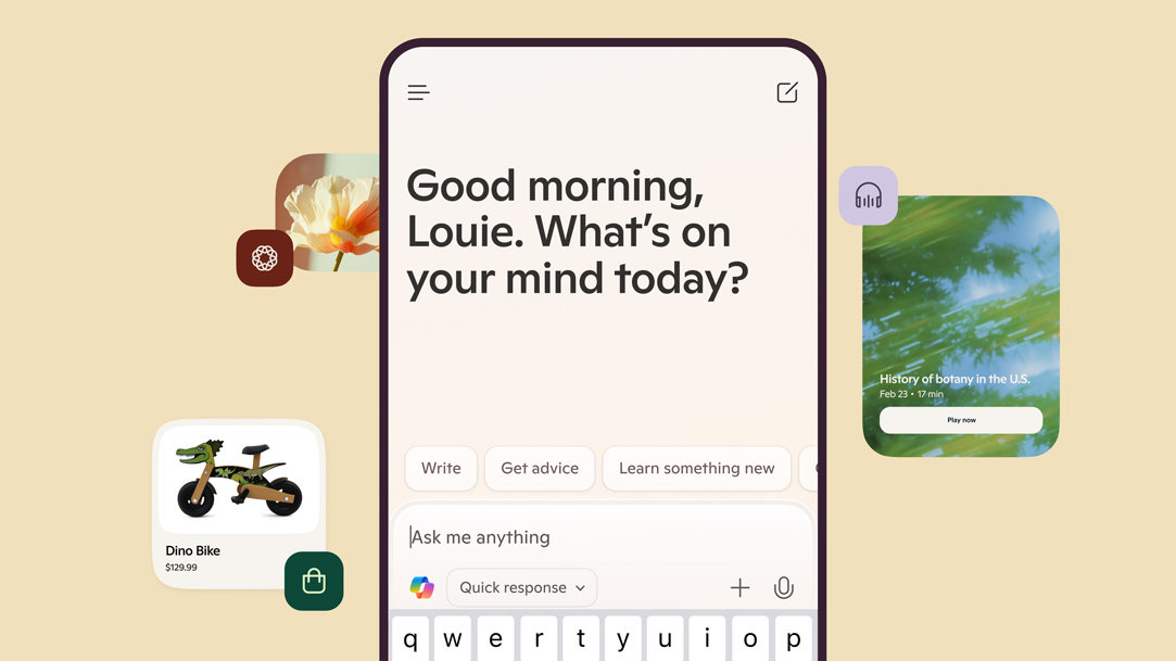 En mobilskærm, der viser Copilot-appen med billeder og Copilot-funktionsikoner omkring den