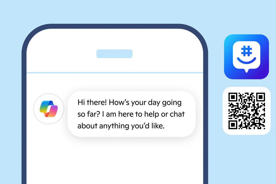 Copilot på GroupMe på en mobiltelefon med et forstørret Copilot-søgefelt øverst og en QR-kode og et GroupMe-ikon i siden af billedet