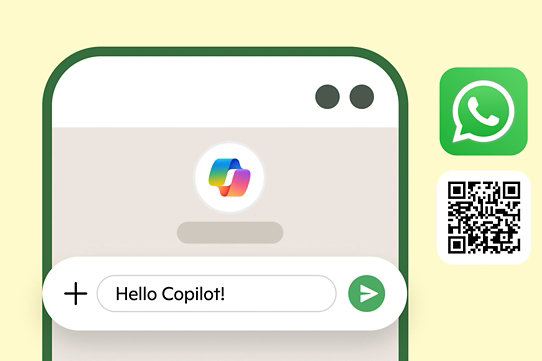 Copilot på WhatsApp på en mobiltelefon med et forstørret Copilot-søgefelt øverst og en QR-kode og et WhatsApp-ikon ved siden af billedet på en lysegul baggrund