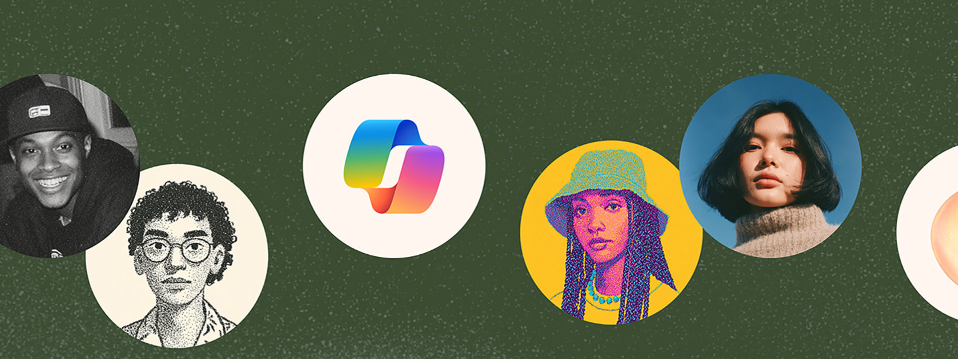 A dark green image with a scattered line of circles featuring the Copilot logo, and simulations of friends' profile pics