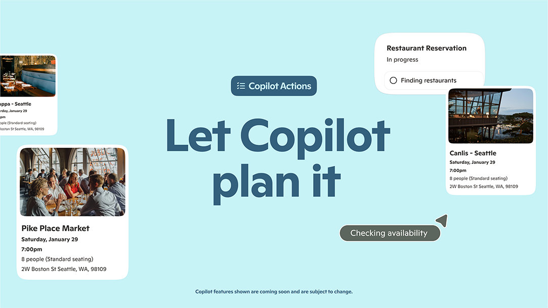 Dark blue text on a light blue background that says “Let Copilot plan it” below a dark blue text bubble with light blue text that says “Copilot Actions.” The text is surrounded by visual cards showing restaurant reservations and accommodations bookings