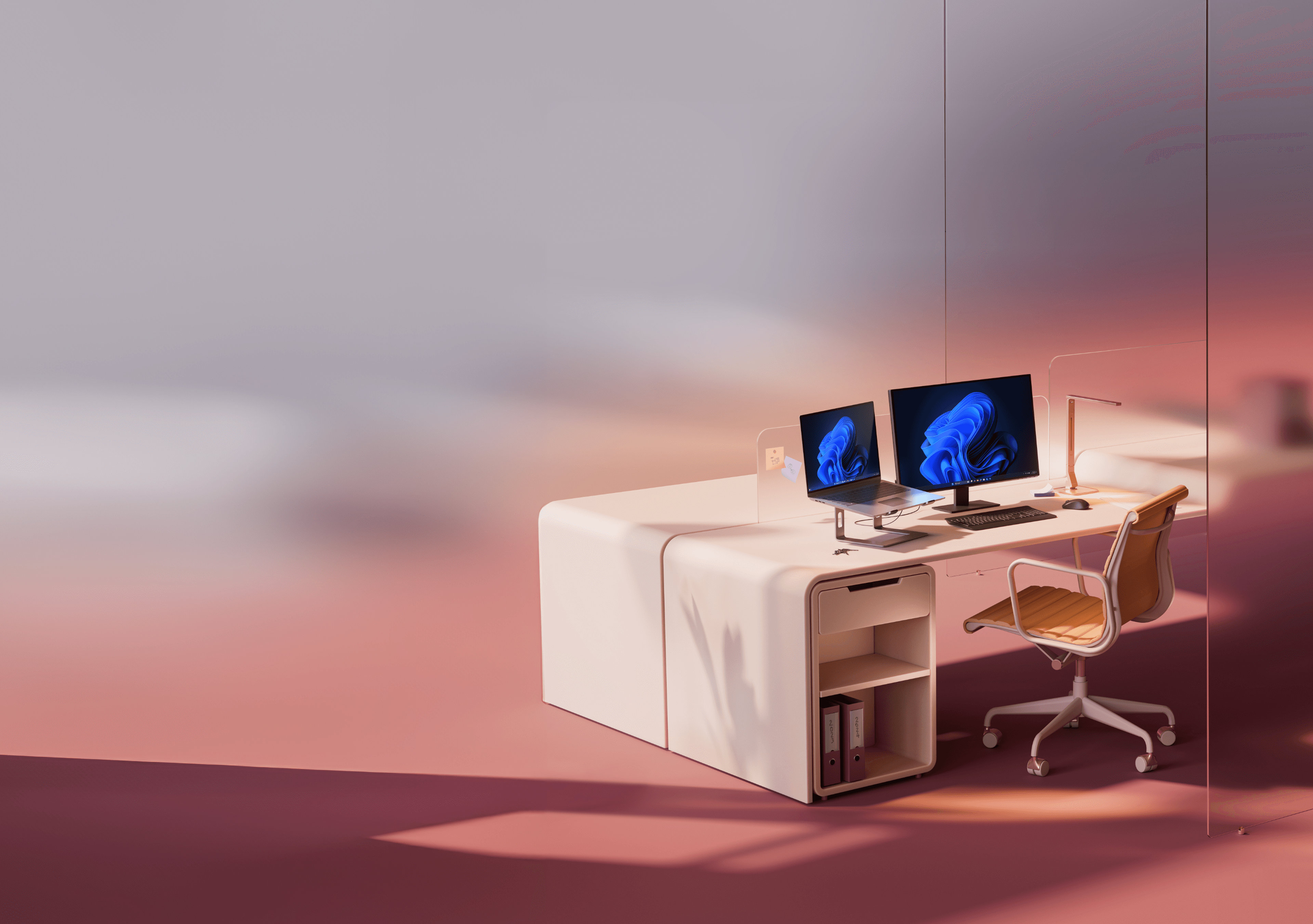 A modern office set-up with a white desk. On the desk are two monitors displaying rainbow bloom, along with a keyboard and mouse. A wooden chair on wheels is positioned at the desk, set against a lit pink and purple background. 