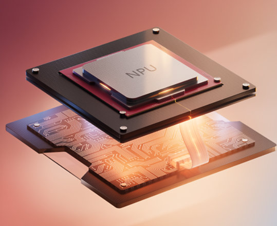 3D render of an NPU chip with glowing circuitry and layered internal structure.