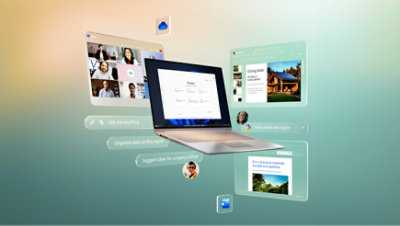 A laptop screen displaying a document, surrounded by floating windows and icons including video call participants, a cloud icon and various application windows. Text bubbles read: 'Ask me anything', 'Organize data on this report', 'Suggest ideas for company outing' and 'Create content with Copilot'