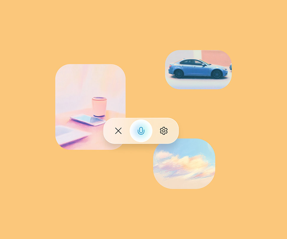 Plusieurs images générées par l’IA d’une tasse et d’un téléphone posés sur une table, d’une voiture bleue et d’un ciel nuageux, avec l’icône Copilot Voice se superposant sur un fond orange clair