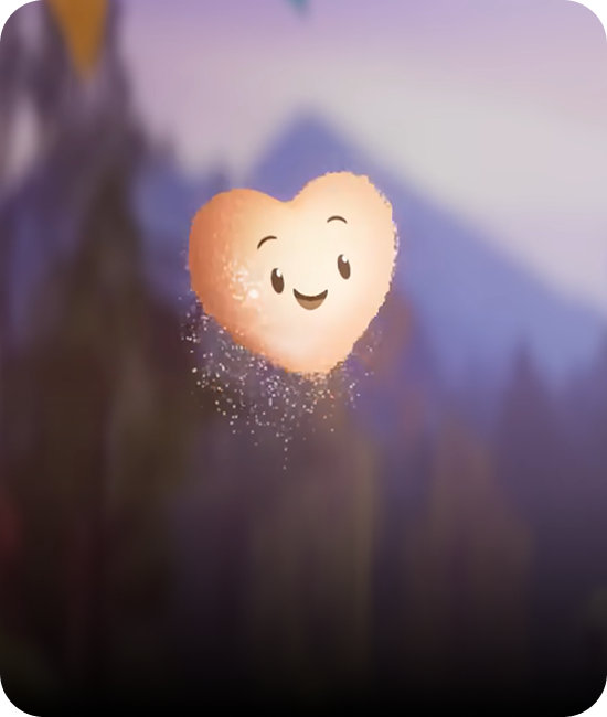 Smiling heart-shaped Mico character floating with sparkles