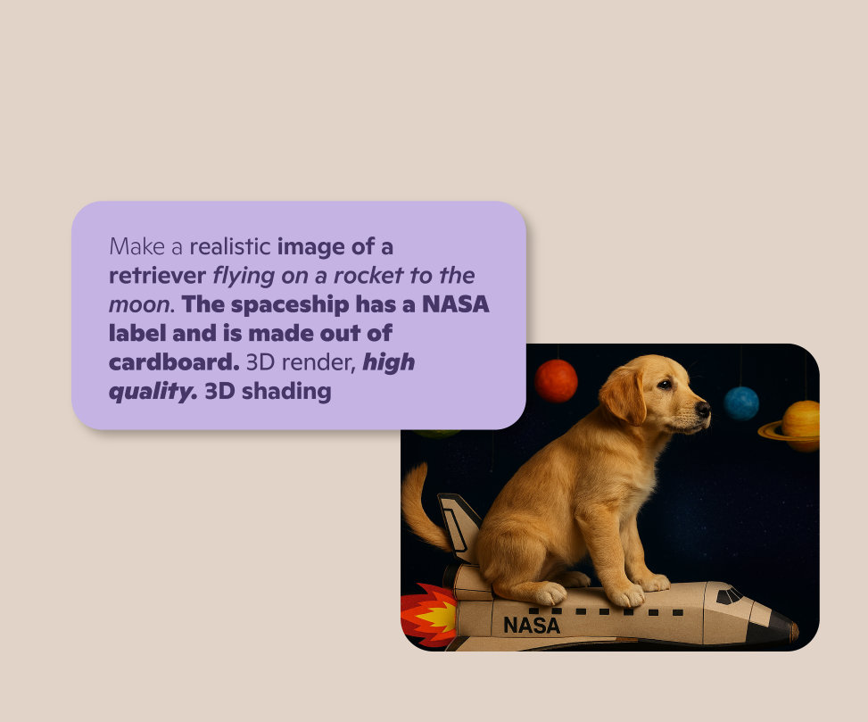 Realistic dog flying to the moon on cardboard spaceship