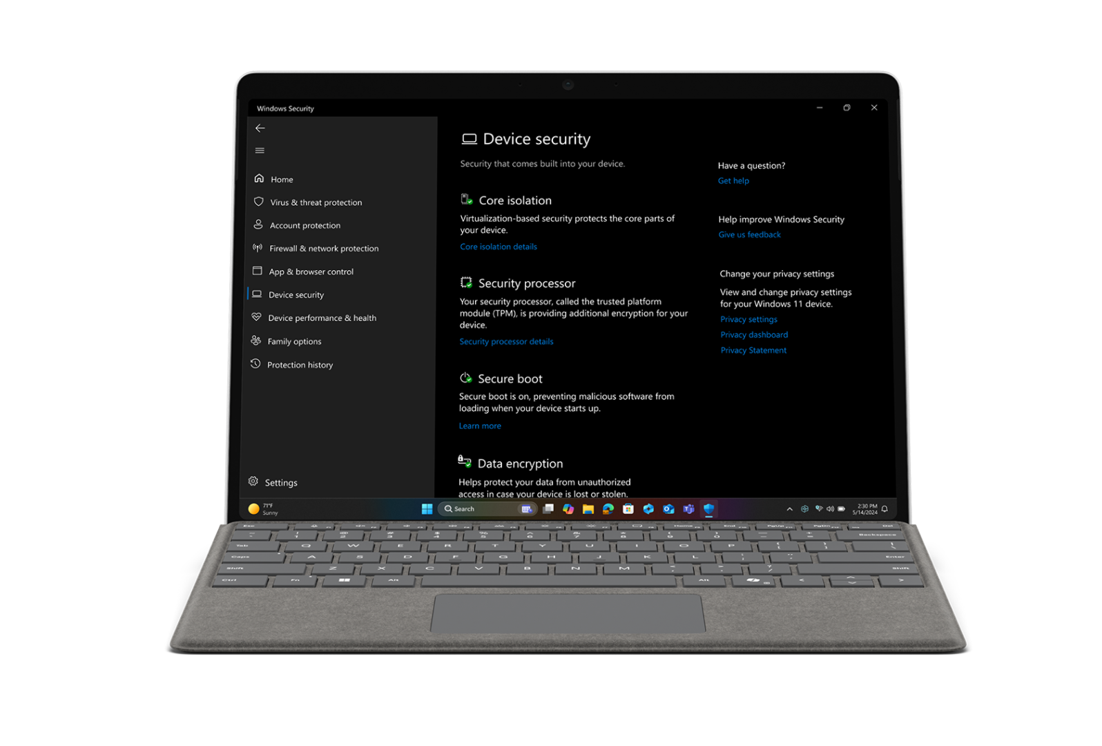 Ein nach vorne gerichtetes Surface Pro steht geöffnet da