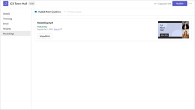 Interfejs użytkownika związany z zarządzaniem nagraniem wideo „recording.mp4” i udostępnianiem go," z opcjami opublikowania lub cofnięcia publikacji