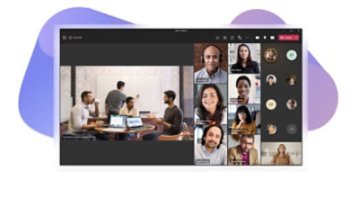 A Teams video call with one group together in a conference room and the other participants dialing in from other locations.