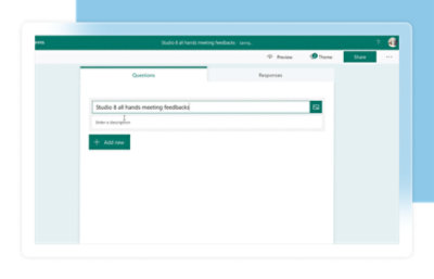 Een computerscherm toont een feedbackformulier met de titel 'Feedback over de Studio 8 algemene medewerkersvergadering'