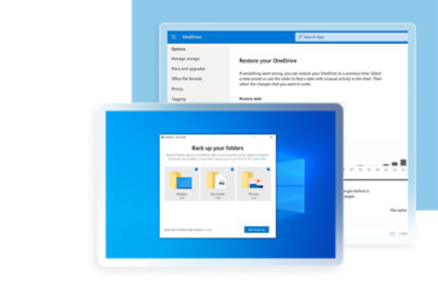 Recortes de pantalla de la configuración de OneDrive que muestran las opciones de copia de seguridad para carpetas como Escritorio, Documentos e Imágenes