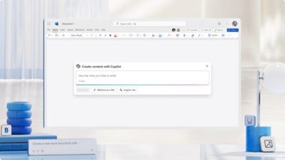 A computer screen displays a document editor with a prompt from Copilot to create content