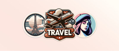 Ilustración con la Torre Eiffel, un avión y la palabra "Viaje," y una mujer con boina.