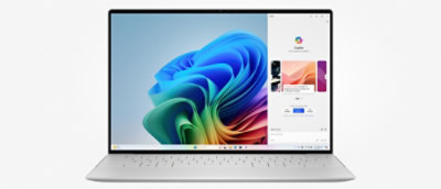 Un portátil con un remolino azul en la pantalla.