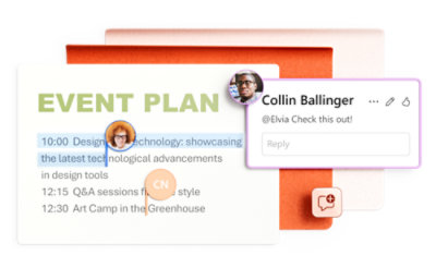 Un plan de eventos con indicación de la hora y los puntos del orden del día, destacando una presentación de tecnología de diseño a las 10:00.