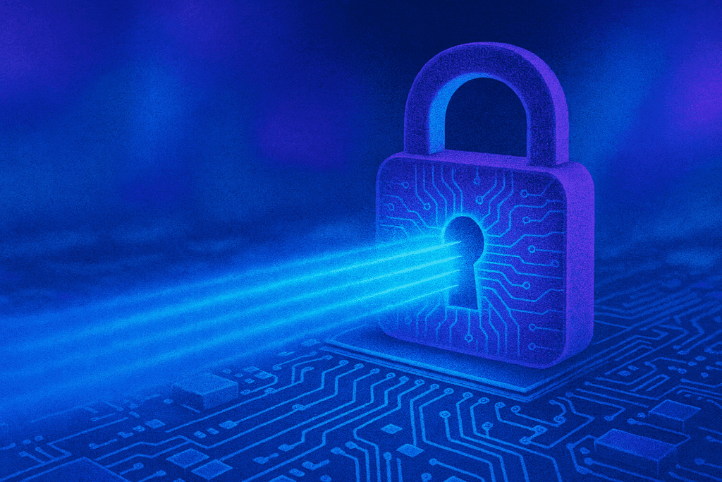 The image features a large, stylized lock centrally placed in the image. The lock is depicted in a vivid blue color, set against a digital-themed background. The body of the lock is adorned with circuit-like patterns, giving it a futuristic, technological appearance.